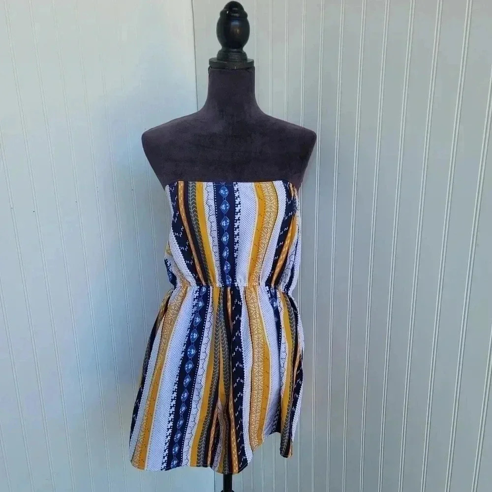 SHEIN Curve Womens Yellow White Blue Strapless Romper Shortall Stretch Waist XXL